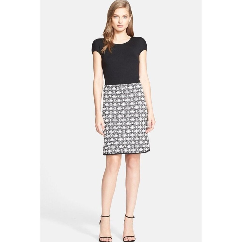 $1295+ ST JOHN COLLECTION WOOL RIB & Knit TAPESTRY DRESS TWO PIECE MOCK 8 US